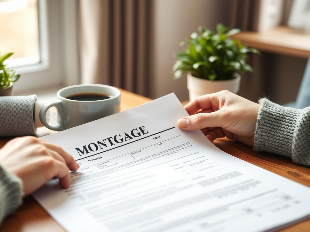 Документ с заголовком "MONTGAGE" и чашка кофе на столе, рядом с растением.
