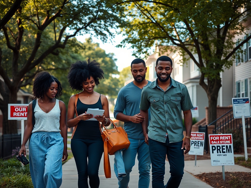 Группа друзей идет по улице, смотря на объявления о аренде недвижимости. Солнечный день, зелень вокруг.