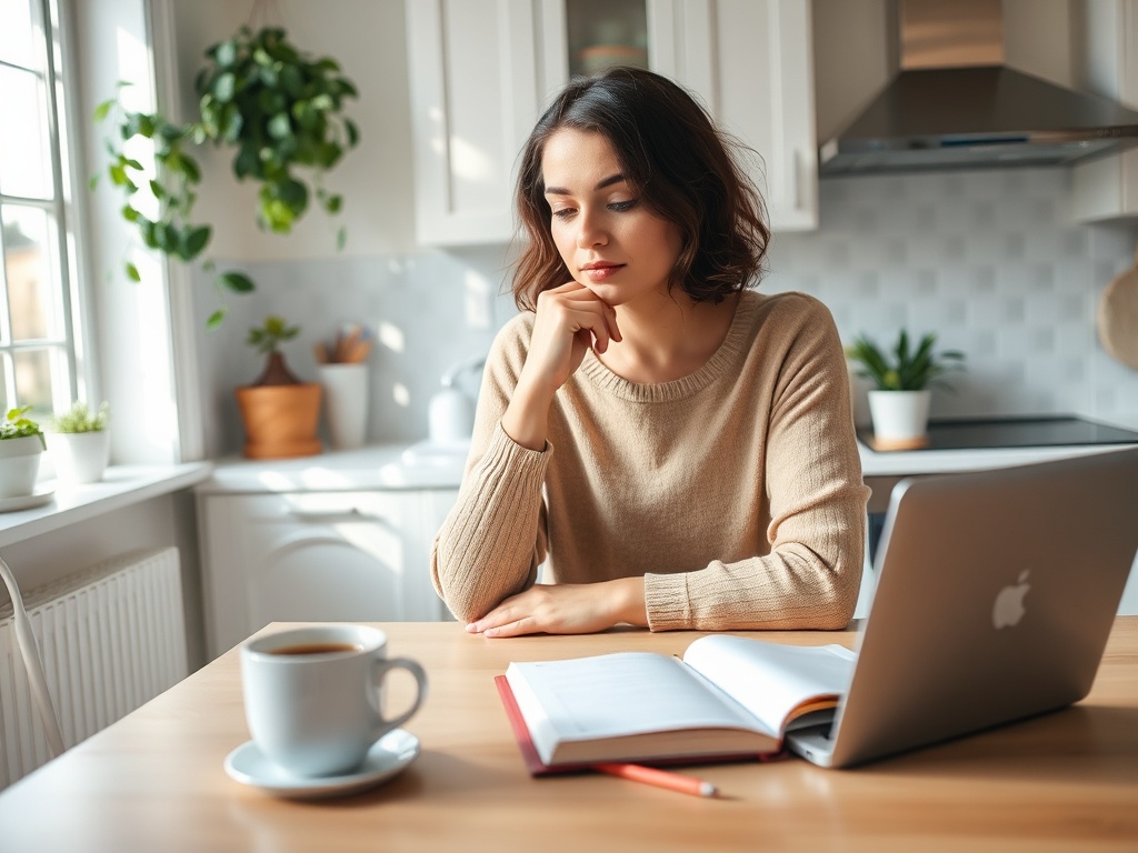 Молодая женщина задумчиво сидит за столом с книгой и ноутбуком, рядом чашка кофе.
