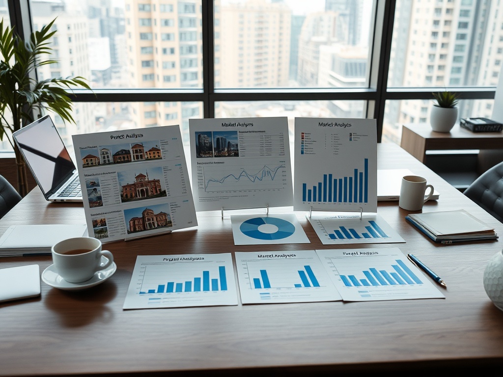 На столе в офисе лежат графики и аналитические отчеты, вид на город через окно. Чашка кофе рядом.