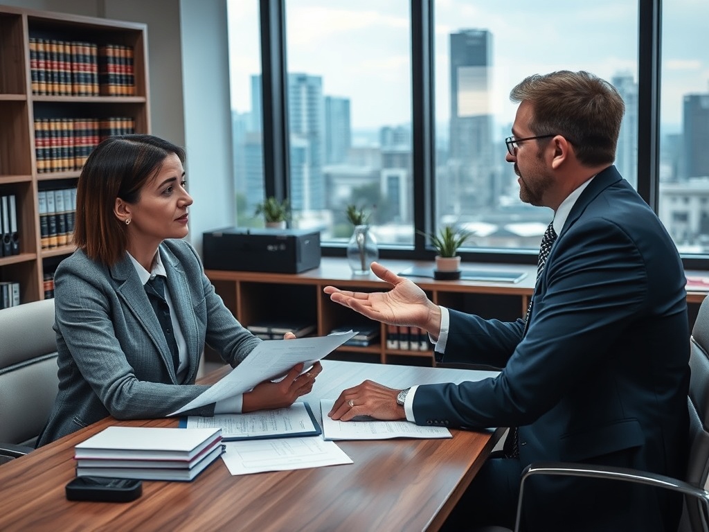 Два человека обсуждают документы в офисе с большим окном и видом на город. Мужчина и женщина в деловых костюмах.