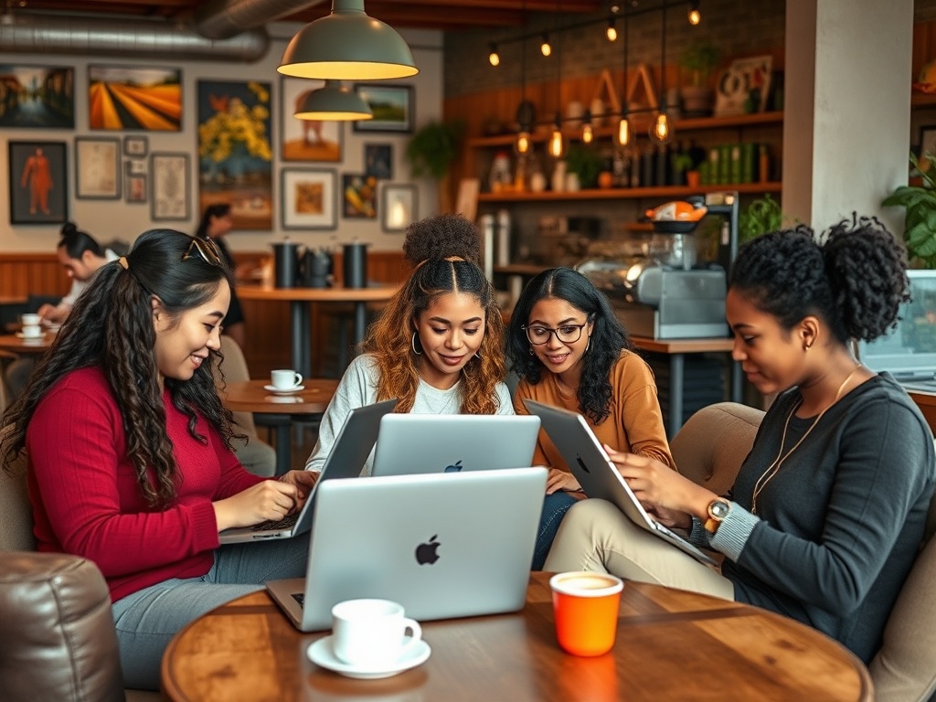 Четыре молодые женщины работают за столом в кафе, используя ноутбуки и обсуждая идеи. На столе кофе.