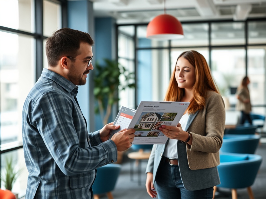 Два человека обсуждают информацию о недвижимость, просматривая брошюру в офисе с современным дизайном.