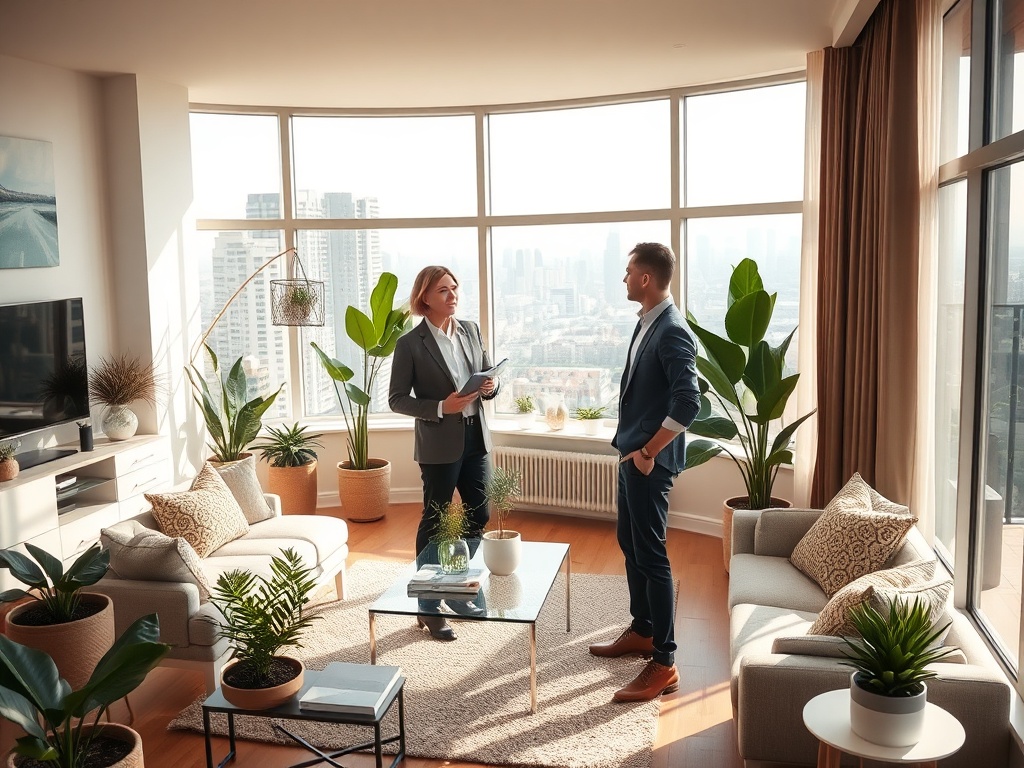 Два человека в деловой одежде общаются в современном офисе с панорамным видом на город. Много зелени вокруг.