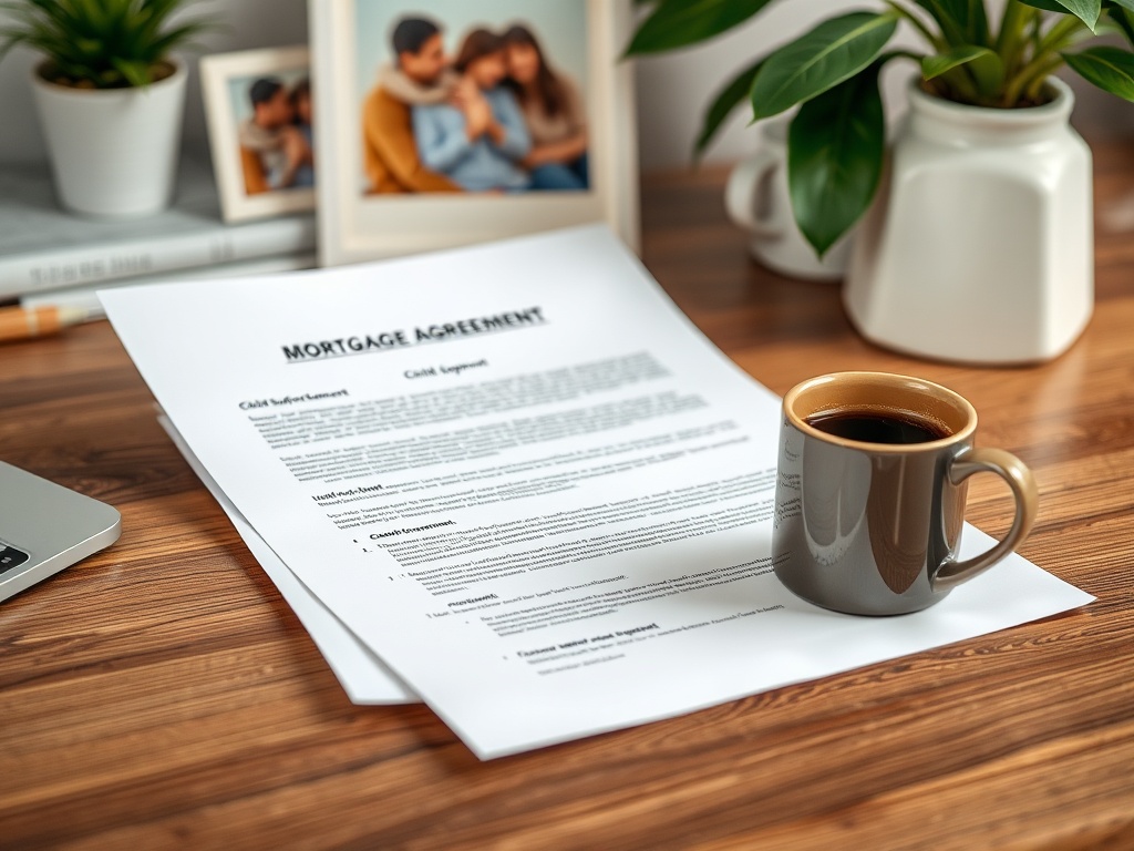 Документы по ипотеке на столе, рядом чашка кофе и рамка с фотографией семьи.
