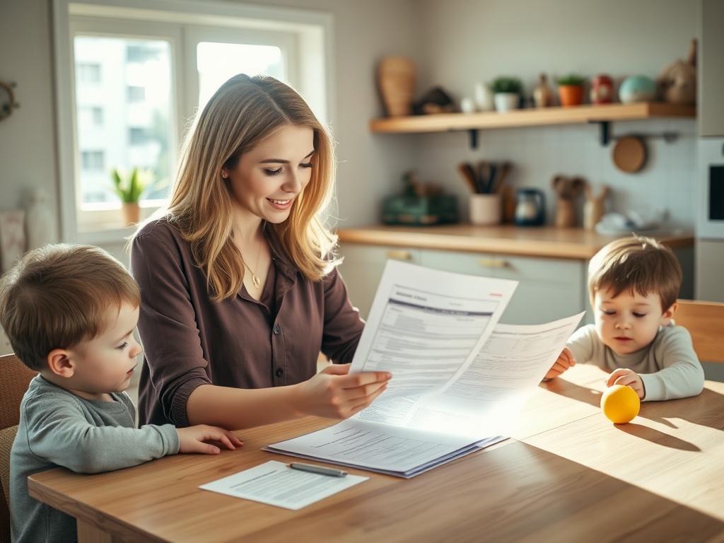 Мать с документами сидит за столом, два маленьких ребенка играют рядом с ней. Теплая домашняя обстановка.