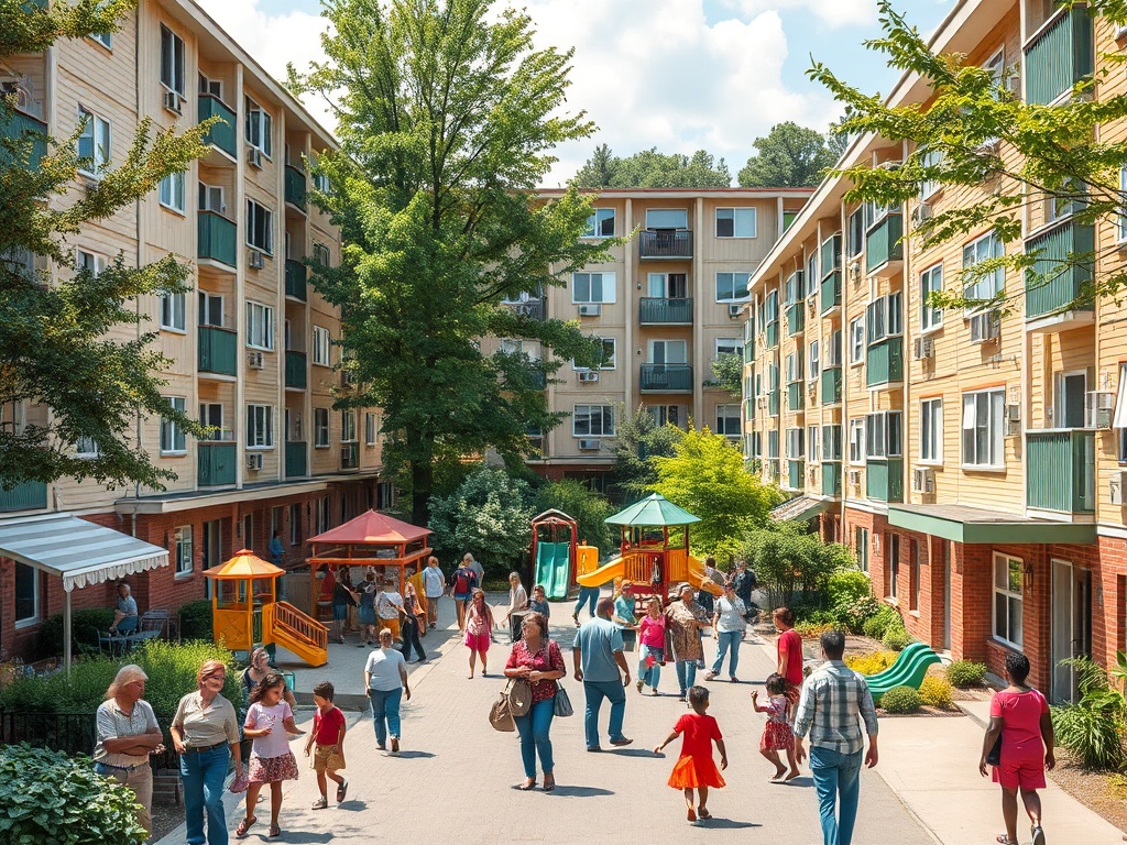 Дети играют на площадке, взрослые общаются в ярком дворе многоквартирного дома в солнечный день.