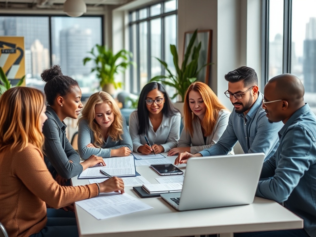 Группа людей обсуждает проекты за столом в современном офисе с ноутбуком и документами.