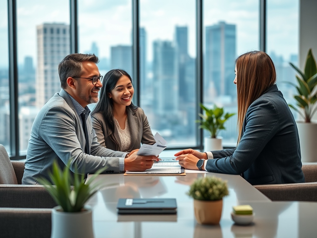 Два человека обсуждают документы с женщиной в офисе с панорамным видом на город.