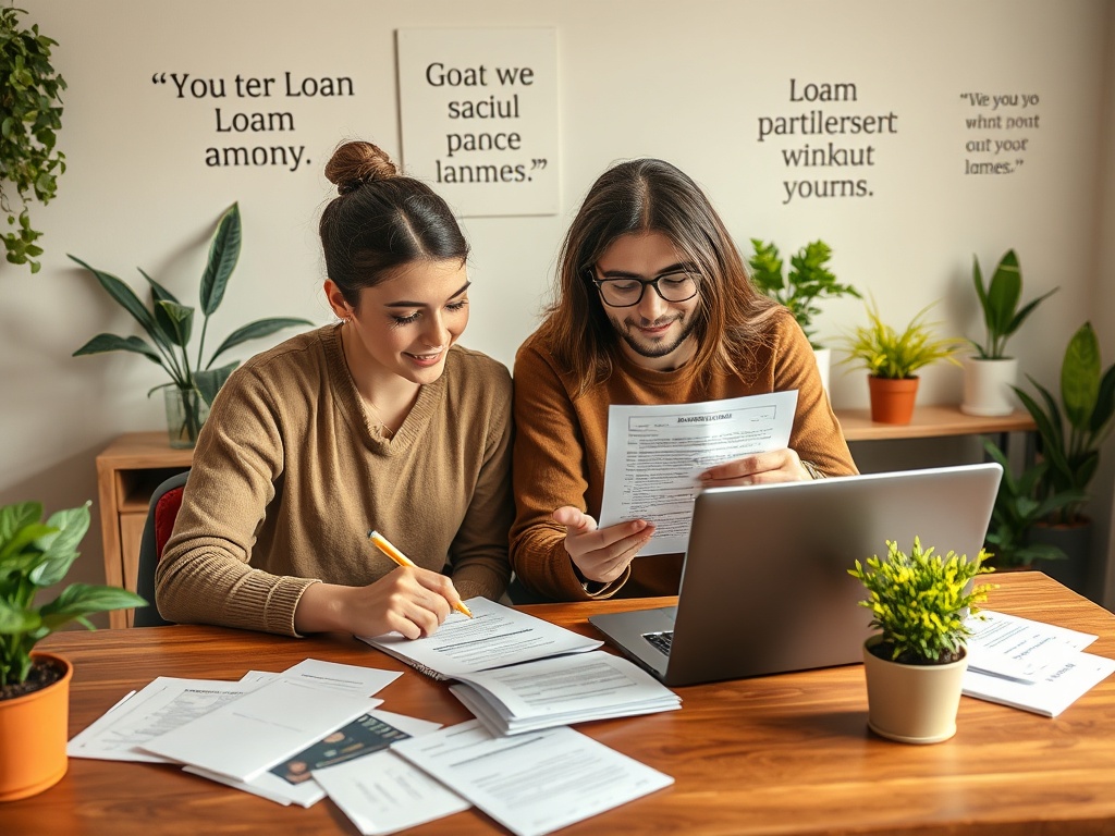 Два человека сидят за столом с документами, обсуждают проекты и работают на ноутбуке в уютном офисе.